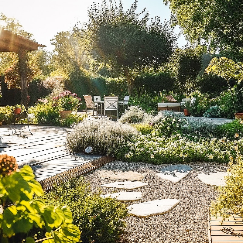 Jardin paysager ensoleillé avec terrasse en bois, espace repas extérieur, allée en gravier et pierres. Verdure luxuriante et fleurs variées.